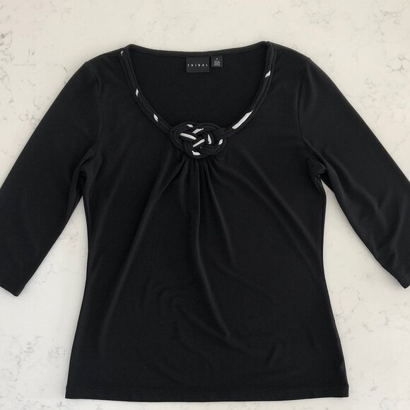 Tribal Scoop Neck 3/4 Sleeve Polyester Top w Knot Detail Black + White Sz S - Picture 9 of 9